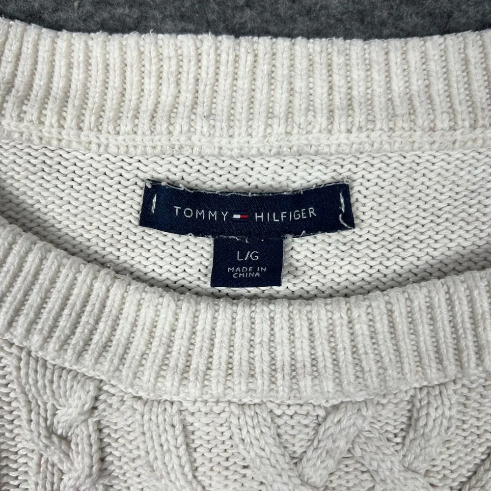Tommy Hilfiger Cable Knit Fisherman Sweater Mens Large White Cotton Crew Neck
